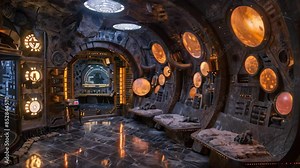 Futuristic Room Filled With Lights, An alien spacecraft interior decorated with strange, otherworldly symbols and materials
