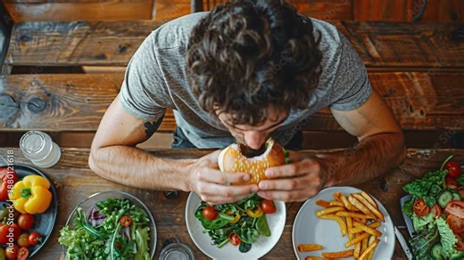 A man sits at a wooden table in a restaurant. He holds a burger and looks down at his food. Around him are plates with salads, fries, and other vegetables. It is mealtime