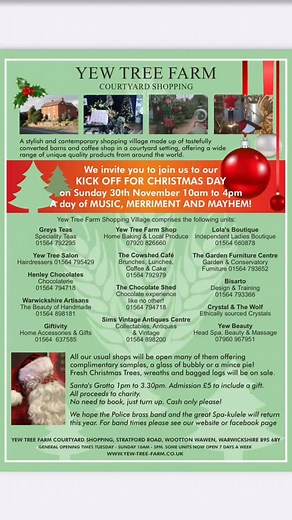 Kick off Christmas with us at Yew Tree Farm! ✨🎄 Join us for our charity event on Sunday 30th November, 10am–4pm for a day of music, merriment and mayhem! 🎶🎅 Festive shopping, tasty treats, Santa’s Grotto, and beautiful unique gifts — the perfect start to the season. ❄️❤️ Bring family, friends and all the Christmas cheer! 🎁✨ #YewTreeFarm #ChristmasKickOff #FestiveFun #ChristmasEvent #ShopLocal #SupportLocal #ChristmasShopping #CountrysideShopping #FamilyDayOut #SantaGrotto #FestiveDaysOut #Ch