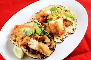 Crispy Tempura Fish Tacos with Peach Pico de Gallo