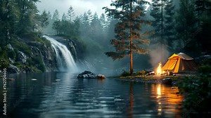 Bonfire animation. Tent by a mountain lake. Infinite loop 24 seconds video