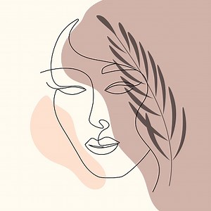 Poster linea donna viso con foglia. Stile di disegno a una riga....