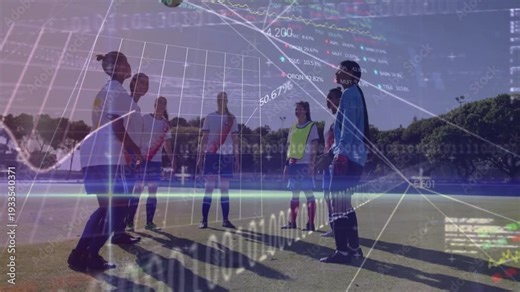 Topknot player juggling ball, 7 players passing and tracking for control, sports graphs overlaying