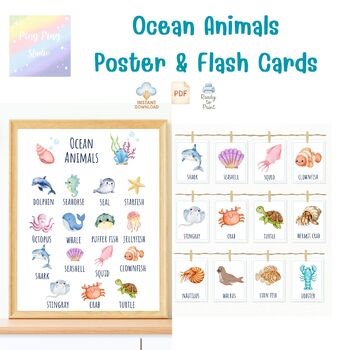 Ocean Animals Poster and Flash Cards | Kids Printable PDF Learning Set