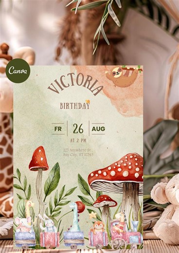 Woodland Animals Train Birthday Invitation, Watercolor Storybook (digital Download) - Etsy