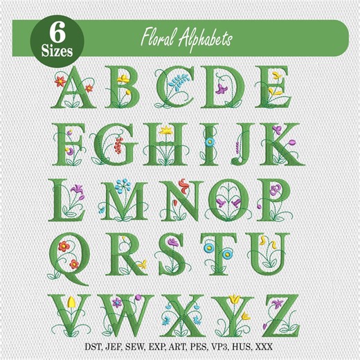 A to Z Floral Embroidery, Flower Font Alphabet Machine Embroidery Designs, Uppercase Letters Botanical, 6 Sizes - Instant Download - Etsy