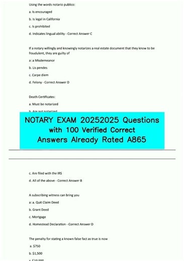 NOTARY EXAM 20252025 Questions with 100 Verified Correct Answers Already Rated A865 video