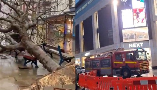 Footage shows aborted plane landings, fallen trees and collapsed buildings across UK