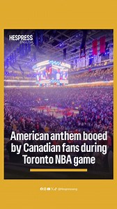 Supporters of Canadian basketball team the Toronto Raptors boo during the American national anthem The Star-Spangled Banner in the Scotiabank Arena before a game against the Los Angeles Clippers. The boos are part of multiple retaliations and boycotts by Canadians following the trade war initiated by American President Donald Trump with the announcement of tariffs. #US #Canada #viral #NBA #HespressENG | Hespress English