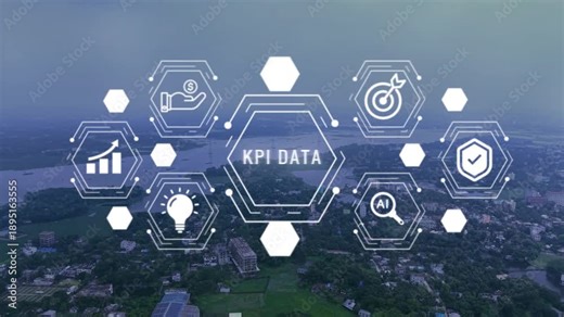 Key Performance Indicator data visualization interface with for finance growth AI and goals overlaid on a cityscape aerial view representing business analytics and strategic measurement