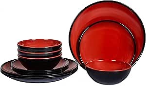 Melamine Dinnerware Set - 12pcs dinnerware set Indoor and Outdoor use, Plates and Bowls Set for 4, Two-color Design Dishes, Dishwasher Safe (Red+Black)