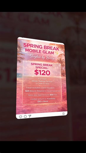 Spring Break is calling… make sure your face card is VALID 💄✨ Book your Spring Break Mobile Makeup Appointment with Sexyface by Bossy. I come to you so you can get glam stress-free before the party, brunch, or club! #htxmua #houstonmua #travelingmua #fyp #fypシ
