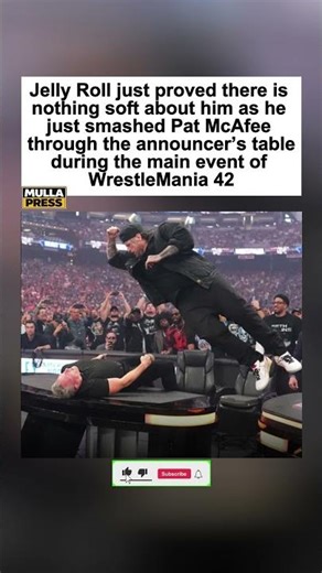 Jelly Roll Smashes Pat Mcafee Through A Table At Wrestlemania.