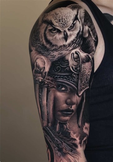 Athena and Owl Halfsleeve Tattoo from Greek Mythology 🏛️ #greektattoo #greekmythology #athena #theodyssey #blackandgreytattoo