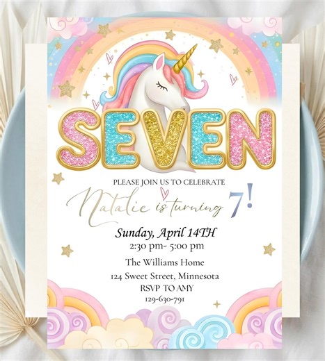 Editable Unicorn 7th Birthday Invitation, Rainbow Unicorn Party Invite, Girl 7th Birthday, Magical Unicorn Template, Canva 5x7 - Etsy