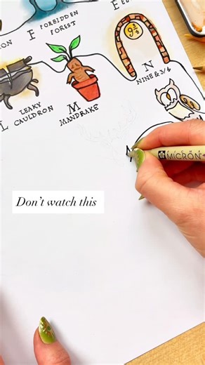 Hanna Lee Tidd on Instagram: "Day 16 of The One Line Wizard’s Alphabet ✨ Right P stands for PANIC. And Please don’t watch this. The antlers 😩 The uneven ear 😭 Sat staring at this for about 20 minutes this morning deciding whether to start again or not. But the show must go on! If you’ve bought a print, I promise you I will fix this up in the final version! (Less than 10 prints left for Christmas delivery 🙏) What shall I draw tomorrow for Q? VD: A hand draws a stag-shaped Patronus in one conti