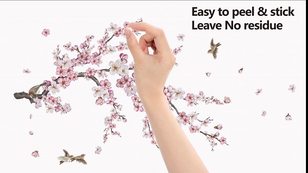 Watercolor Cherry Blossom Flower Wall Stickers - Cherry Blossom Tree Branch Birds Floral Wall Decals - Living Room Bedroom TV Sofa Background Family Wall Decor