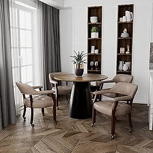 Set of 4 Dining Chair with Casters, Accent Captains Chairs with Wheels & Arms,Wheeled Roller Wood Chairs for Kitchen & Game Poker Table,Cherry&Light Wheat 1533LT(NO Table!)