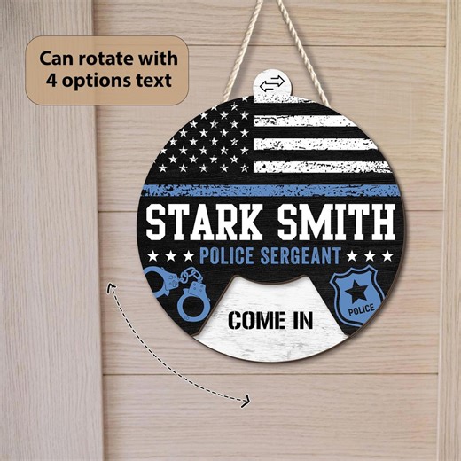 Personalized Police Door Sign, American Flag Police Badge Rotating Wooden Sign, Custom Home Decor Gift for Police Officer - Etsy
