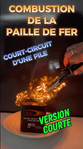 Combustion du fer dans l'air par court- circuit d’une pile. Triangle du feu.#électricité#experience