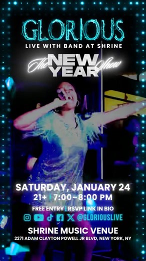 Glorious on Instagram: "✨ THE NEW YEAR SHOW ✨ Kicking off the year doing what I love most. Singing from the heart 🎤 Playing drums LOUD 🥁 On stage with my band + DJ 🎶 I’m so excited for the year ahead, the music we’re about to create, and the moments we’ll share together. Come celebrate the beginning with me. Let’s move, feel, and start this year strong. #FreeShow Jan 24 | 7–8 PM 📍 Shrine Music World Venue - Main Room! 🎟️ FREE SHOW RSVP link in bio 💫"