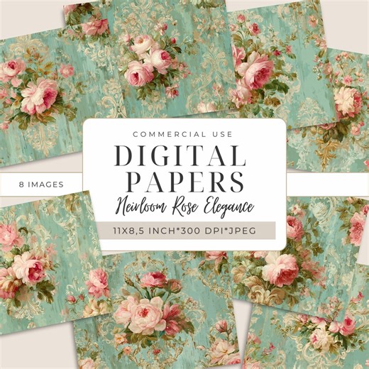 Vintage Rose Damask With Teal Distressed Backgrounds, 11x8.5" Digital Papers for Junk Journals, Collage, Mixed Media I DP616 - Etsy