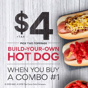 3.9K views · 35 reactions | Get the hottest deal of the summer at AMC! Build-Your-Own Hot Dog with up to 2 toppings for just $4 when you buy a Combo #1 at participating theatres.  Learn More: https://amc.film/2XEusS6 | AMC Theatres | Facebook