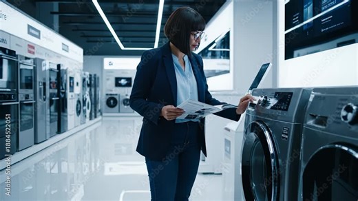 woman examines appliance and washer in store aisle. brochure and tablet in hand. helmet worn during inspection. laundry icon on control panel. door and drum detail. label and model on display.