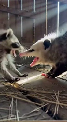 Raccoon vs. Opossum: A Feisty Face-Off! #WildlifeEncounter #AnimalFight #NatureFootage