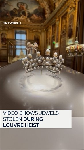 A tourist’s video shows what the priceless jewels looked like behind glass display cases at Paris’ Louvre Museum before they were stolen on October 19's heist at the world-famous site. The artefacts, which date back to France's imperial history, include the Imperial Crown of Empress Eugenie, reportedly dropped during the getaway and later recovered outside the museum, as well as the tiara and Reliquary Brooch of Empress Eugenie. Other items include sapphire earrings, necklace, and a sapphire tia