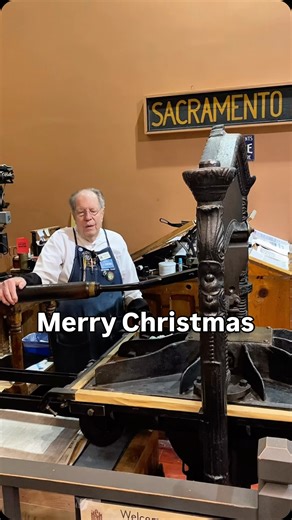 Sacramento History Museum on Instagram: "Merry Christmas and Happy Holidays from the staff, docents, and volunteers at the Sacramento History Museum! For today, Howard letterpress printed an electrotype (copy of a woodcut) that depicts a scene in the mid-1800s with the words “CHRISTMAS GREETINGS.” This would have originally been used in a printing office 90-100 years ago for printing Christmas cards. This was printed with black rubber base ink using our Washington hand press. #christmas #merrych