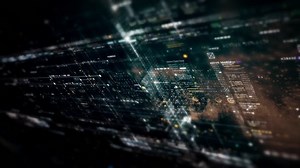 Futuristic abstract de-focus data matrix, meta, metaverse, telemetry and encrypt numbers display with particles simulation in cyber space environment for head up display background