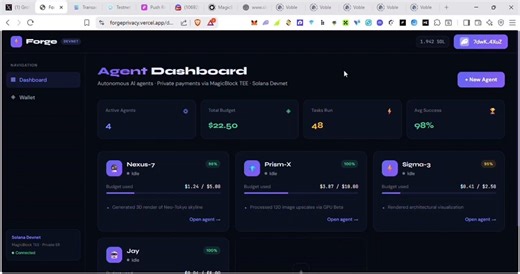 We took the weekend to experiment with the @Magicblock Solana Blitz Hackathon v4 and built a Private AI Agent Marketplace that lets you deploy and use AI agents to execute privates payment autonomously, powered by Magicblock.Meet Forge: https://t.co/vpejQ33bZeWhat Can Your Agent Do?✓ Receive and Execute Task ✓ Automatically Discover Available Compute Service Providers ✓ Compare Prices, Latency and Uptime ✓ Select and Optimize Prices Within your Budget ✓ Make Private Payment and Generate Receipt 