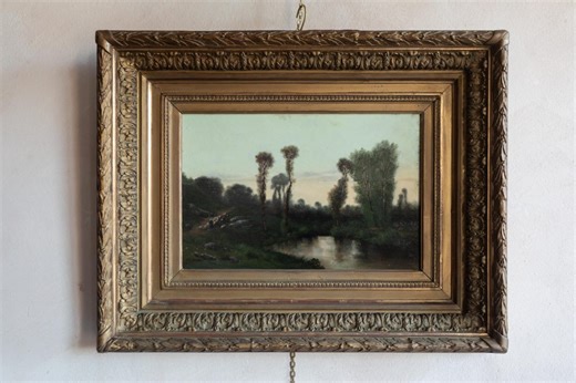 Antique French Barbizon Landscape Oil Painting – River at Dusk, 19th Century, Gold Framed - Etsy
