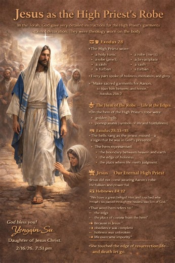 ✝️ Jesus as the High Priest’s Robe In the Torah, God gave very detailed instructions for the High Priest’s garments. They were not decoration. They were theology worn on the body. 📖 Exodus 28 The High Priest wore: • a holy tunic • a robe (me’il) • an ephod • a breastplate • a sash • a turban Every part spoke of holiness, mediation, and glory. “Make sacred garments for Aaron, to give him dignity and honor.” — Exodus 28:2 The robe covered the priest as he stood between God and the people. 🔔 The 