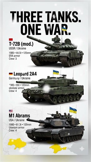 3 Tanks. 1 Battlefield.T-72B vs Abrams vs Leopard - All Used by Ukraine
