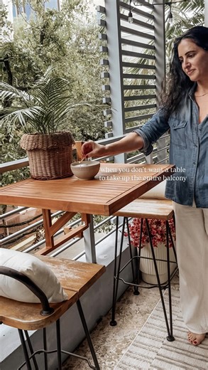 Chelsea Alysa on Instagram: "a table for those that don’t have space for a table 👀 Back in stock - type shop for details! This collapsable table is perfect for balcony spaces that you want to be functional but don’t have the space for a full time table! You can use it as an extra surface for a variety of things. #outdoorfurniture #balcony"