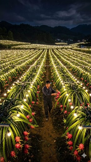 चीन के किसान ड्रैगन फ्रूट के खेत में एलईडी लाइट क्यों लग रहे हैं 🤯 #ledlights #dragonfruit