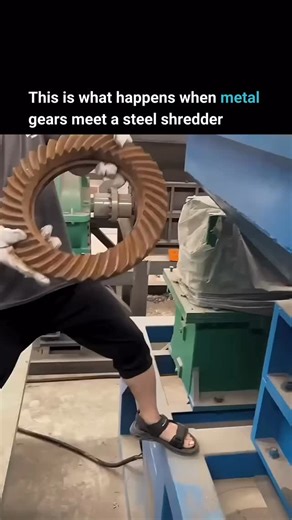 Furiouslytech on Instagram: "When a highly dense metal gear is put into a steel shredder, the powerful rotating blades struggle as they bite into the solid piece of metal. Sparks and loud grinding noises erupt as the machine applies immense force to break it down. Unlike lighter materials that crumble easily, the gear resists with its compact strength. This makes the shredding process slower and more dramatic. The demonstration shows both the toughness of engineered metal parts and the raw crush