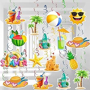 33pcs Summer Pool Party Hanging Swirls, Beach Hanging Decorations Banner Foil Ceiling Hanging Swirls Streams for Luau Hawaii Celebrating Birthday Summer Pool Beach Party Decorations Room Wall Decor
