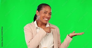 Decide, woman with hand gesture for choice and against a green screen pointing for decision. Feedback or review, choose or mock up space or balance and female person face pose for options or vote