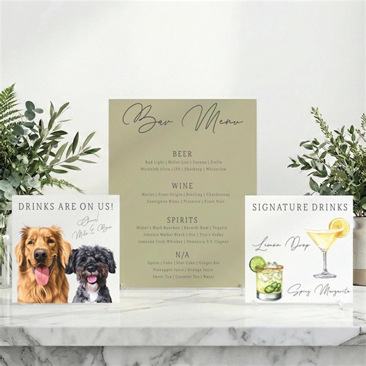 3-piece Wedding Bar Sign Set With Custom Pet Portrait and Signature Drinks Sign - Etsy