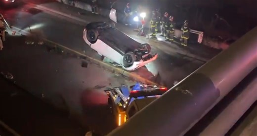 Tesla flies off overpass and lands on San Francisco freeway