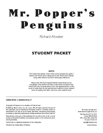 Mr. Popper's Penguins Novel Units® Student Packet Novel Study