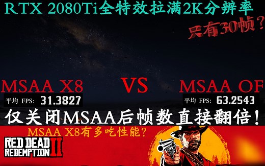 RTX2080Ti荒野大镖客2全特效手动拉满2K分辨率MSAA X8对比MSAA OF帧数（游戏自带benchmark）极限画质大表哥2 60帧1080P 视频