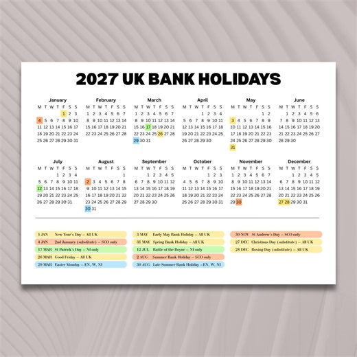 2027 Calendar UK Holidays One Page Printable PDF A5, A4 and A3 Sizes - Etsy