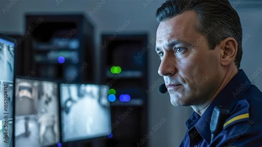 man working as security guard monitors surveillance camera video feeds in a control room, maintaining alertness and presence.