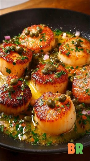 Golden sea scallops are expertly seared to develop a deep caramelized crust, then finished in a silky lemon-garlic butter sauce accented with capers and pink peppercorns. This refined preparation highlights precision heat control, clean acidity, and classic French pan-sauce technique. Pan-Seared Scallops with Lemon-Garlic Caper Butter Sauce 🛒Ingredients : 1 pound large sea scallops, side muscle removed Kosher salt, to taste 3 tablespoons extra-virgin olive oil, divided 1 1/2 teaspoons pink pepp