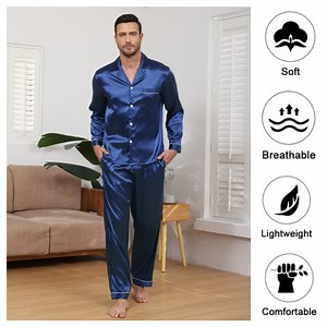 Mens Silk Pajamas Set Long Sleeve Satin Pajamas Set for Men 2 Piece Mens Button Down Pajamas Set with Long Pants Mens Silk Loungewear Sets with Pockets, S-XXL