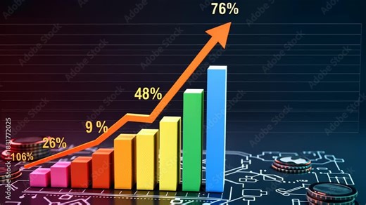 Rising bar graph with arrow illustrates growing percentages and economic growth trends
